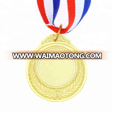 Wholesale zinc alloy gold metal blank medal with ribbon